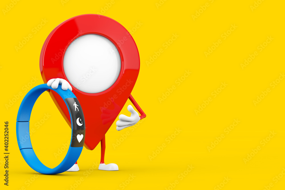 Aufkleber map pointer pin character mascot with blue fitness tracker. 3d rendering
