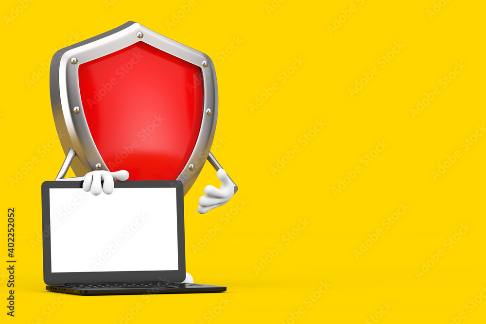 Leinwandbilder red metal protection shield character mascot with modern laptop computer notebook and blank screen f