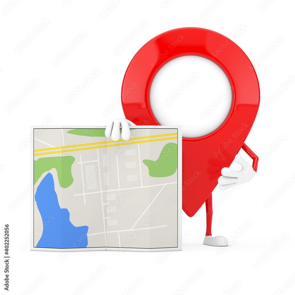 Poster map pointer pin character mascot with abstract plan map. 3d rendering