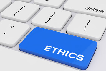 Blue Ethics Key on White PC Keyboard. 3d Rendering