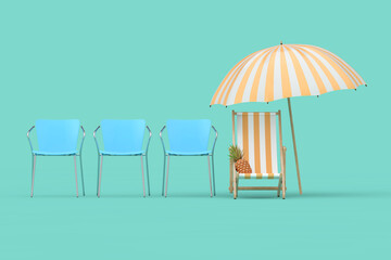Vacation Concept. Beach Chair, Umbrella and Pineapple in Row with Office Chairs. 3d Rendering
