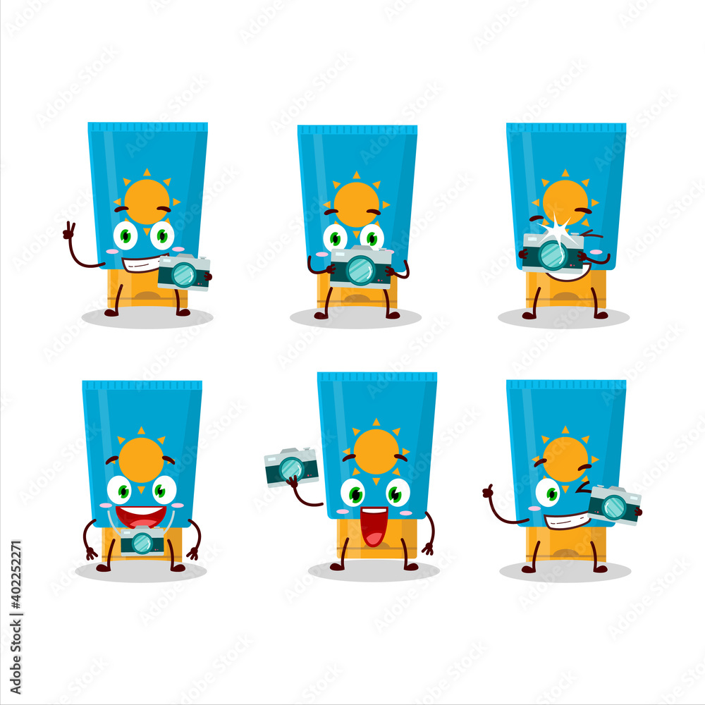 Wall mural photographer profession emoticon with cream sunblock cartoon character