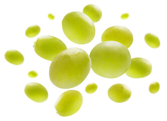 Green grapes levitate on a white background