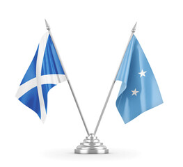 Micronesia and Scotland table flags isolated on white 3D rendering