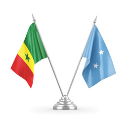 Micronesia and Senegal table flags isolated on white 3D rendering