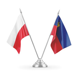 Liechtenstein and Poland table flags isolated on white 3D rendering