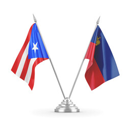Liechtenstein and Puerto Rico table flags isolated on white 3D rendering