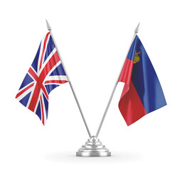 Liechtenstein and United Kingdom table flags isolated on white 3D rendering