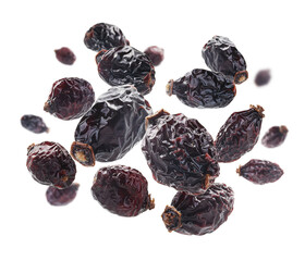 Dried rosehip berries levitate on a white background