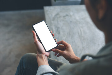 cell phone blank white screen mockup.woman hand holding texting using mobile on desk at office.background empty space for advertise.work people contact marketing business,technology