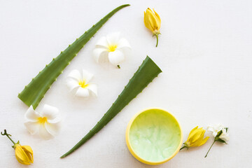 soak cream treatment aroma health care for head and hairs from herbal flora and aloe vera arrangement flat lay sltyle on background white