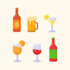 drink beverage icon set collection package cold beer cocktail mocktail red wine glass bottle white isolated background with flat color style