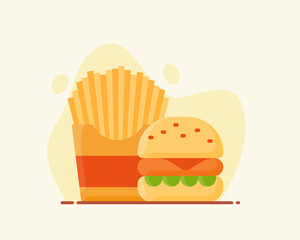 burger french fries popular american junk food fast food restaurant white isolated background with flat color style