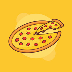 pizza cut whole melted mozzarella cheese delivery fast food with flat full color outline style