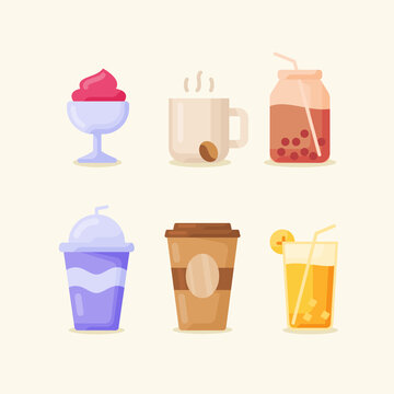 drink beverage icon set collection package hot cold ice cream coffee bubble tea milk shake chocolate juice glass paper cup plastic white isolated background with flat color style