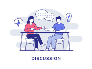 discussion concept people women men sit on chair behind table bubble talk idea brainstorming with flat color style