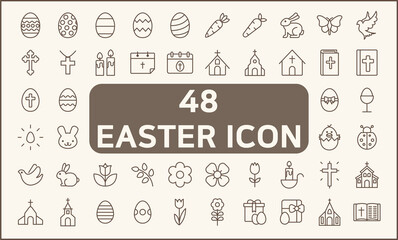 Set of 48 easter and christianity Icons line style. Contains such Icons as eggs, religion, bunny, gifts, spring, rabbit, celebration, decoration, church And Other Elements.