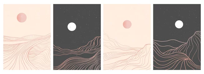 satz kreativer minimalistischer moderner linienkunstdrucke. Abstrakte Berglandschaften mit zeitgenössischen ästhetischen Hintergründen. mit Berg, Wald, Meer, Skyline, Welle. Vektorillustrationen © gina