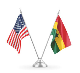 Ghana and United States table flags isolated on white 3D rendering