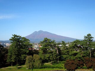 Autumn red leaves and Mount Iwaki (秋の岩木山) in Aomori, JAPAN. View from the Hirosaki Castle Park