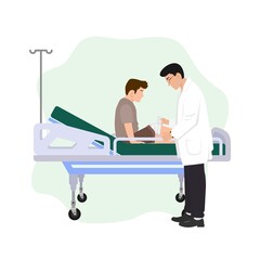 Doctor measuring boy with leg wound, a treatment on hospital bed.