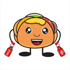 cute hamburger mascot with a sell sign vector design on white background