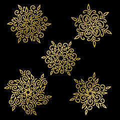 Gold snowflakes set on black background. Vector illustration.