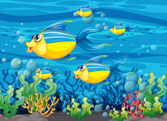 Many exotic fishes cartoon character in the underwater background