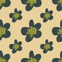 Abstract seamless pattern with simple flowers ornament. Dirsy print in green and grey colors.