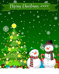 Merry Christmas 2020 font logo with snowman cartoon character