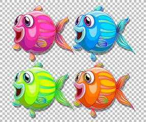 Fototapeta premium Set of different color fish with big eyes cartoon character on transparent background
