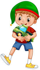 Cute boy wearing Christmas hat and playing with his toy on white background