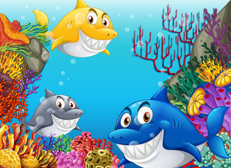 Fototapeta na wymiar Many sharks cartoon character in the underwater background