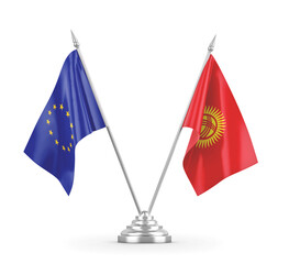 Kyrgyzstan and European Union table flags isolated on white 3D rendering