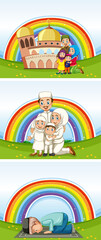 Set of arab muslim families in traditional clothing and rainbow background