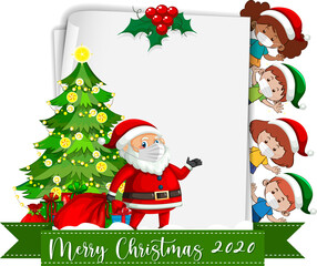 Blank paper with Merry Christmas 2020 font logo and santa claus and kids wear mask