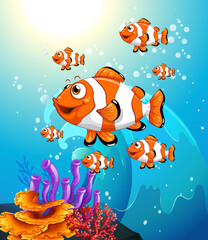 Fototapeta na wymiar Many exotic fishes cartoon character in the underwater scene with corals