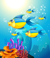 Naklejka na ściany i meble Many exotic fishes cartoon character in the underwater background