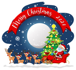 Fototapeta na wymiar Merry Christmas 2020 font banner with Santa Claus and cute reindeer on white background