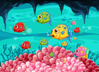 Many exotic fishes cartoon character in the underwater scene with corals