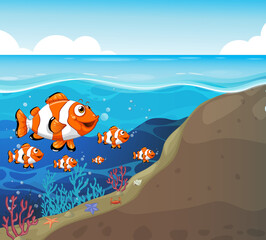 Naklejka premium Many exotic fishes cartoon character in the underwater background