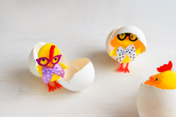 Three toy chickens with glasses in eggshells on a white background