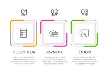 Obraz premium Concept of shopping process with 3 successive steps. Three colorful graphic elements. Timeline design for brochure, presentation, web site. Infographic design layout.