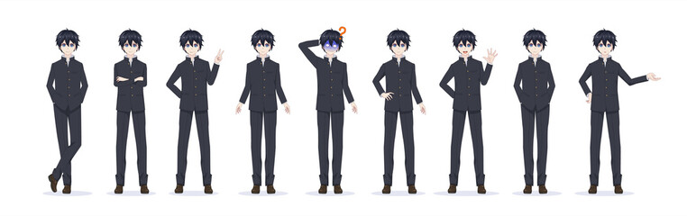 Anime manga boy in black school uniform. Full-length various poses and emotions. Vector illustration
