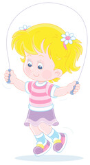 Funny little girl in bright summer clothes, smiling and fun jumping rope, vector cartoon illustration isolated on a white background
