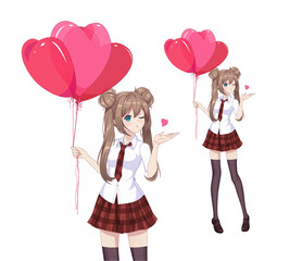 Anime manga girl in red skirt and white blouse are holding heart-shaped balloons. Vector illustration