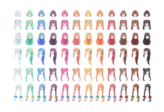 Anime manga multicolored hairstyles. Isolated hair set