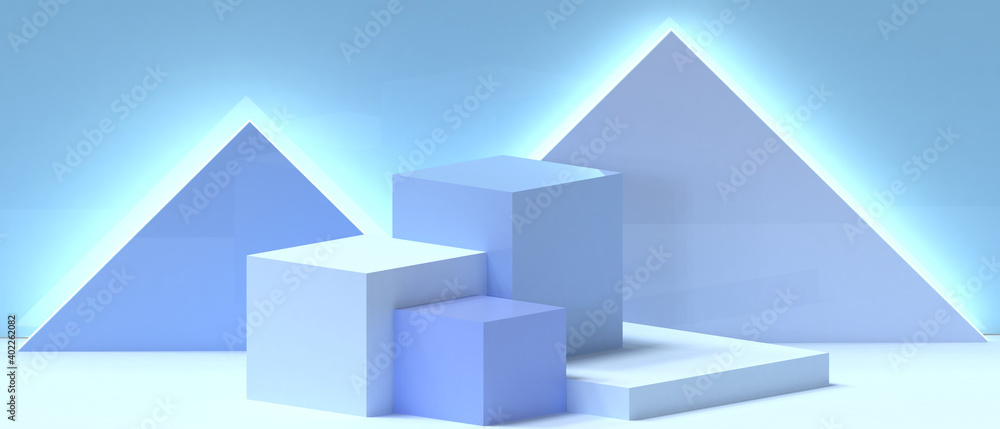 Fototapete Minimal stage Podium showcase Geometric shapes square box and Triangle Concept on blue light background with copy space - 3d rendering