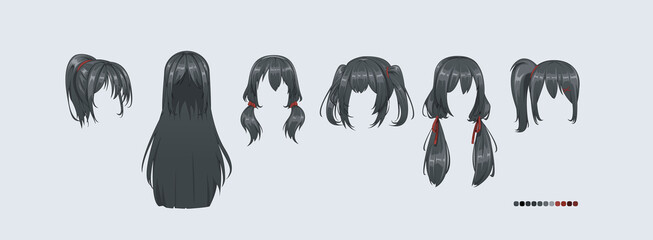 Anime manga hairstyles. Isolated black hair set. - obrazy, fototapety, plakaty