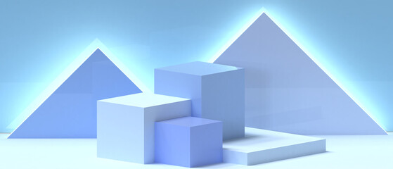 Minimal stage Podium showcase Geometric shapes square box and Triangle Concept on blue light...